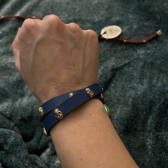 Two Leather Double Wrap Bracelets In Blue And Coral With Gold Tone Skull Studs - Picture 2 of 7